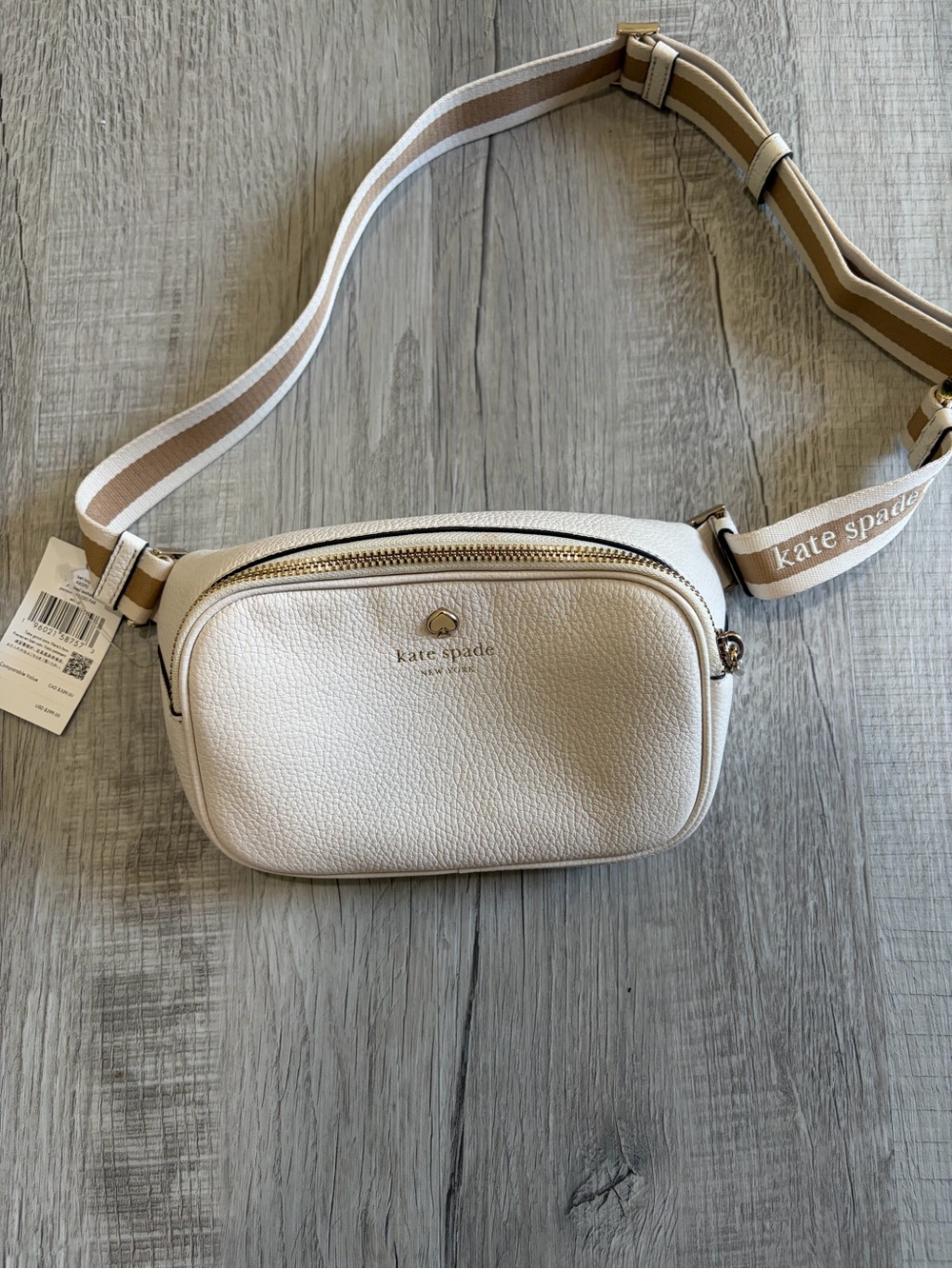 kate spade Cream Pebbled Leather Crossbody Belt Bag with Striped Strap